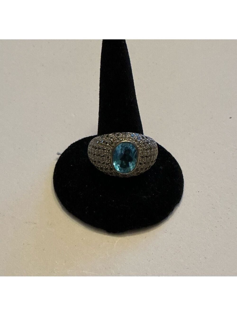 Vintage Sterling Silver Blue Topaz Gemstone Ring with Encrusted Crystal Band